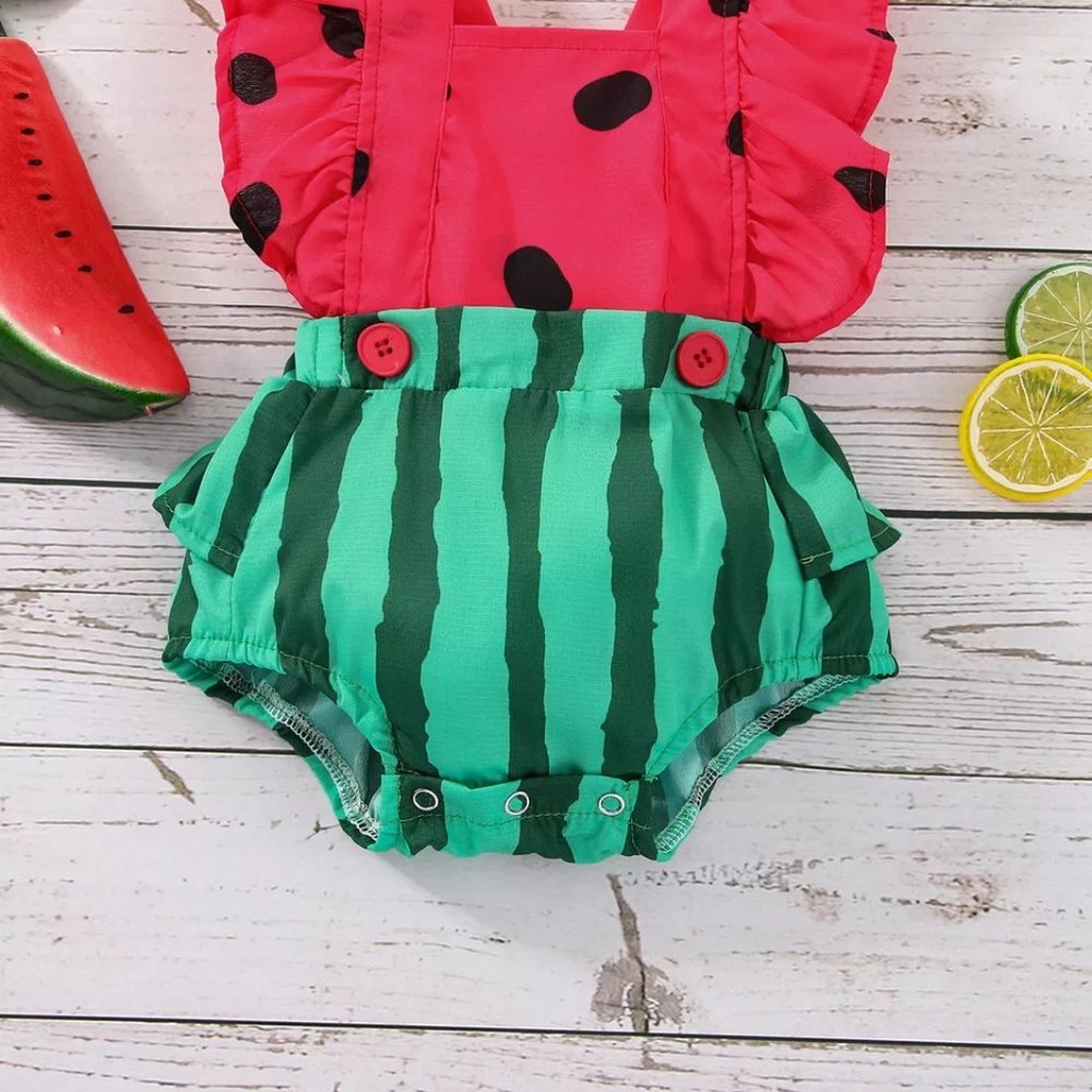Baby Girls Watermelon Ruffle Romper Sunsuit Jumpsuit Headband Outfit Set - Picture 5 of 6